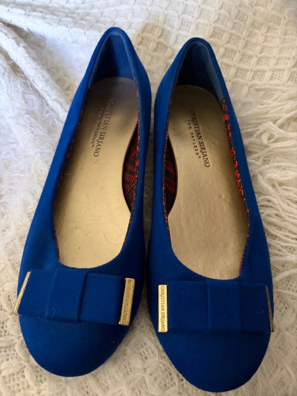 Christian Siriano Royal Blue Suede Bow Flats with Gold Accents 7W